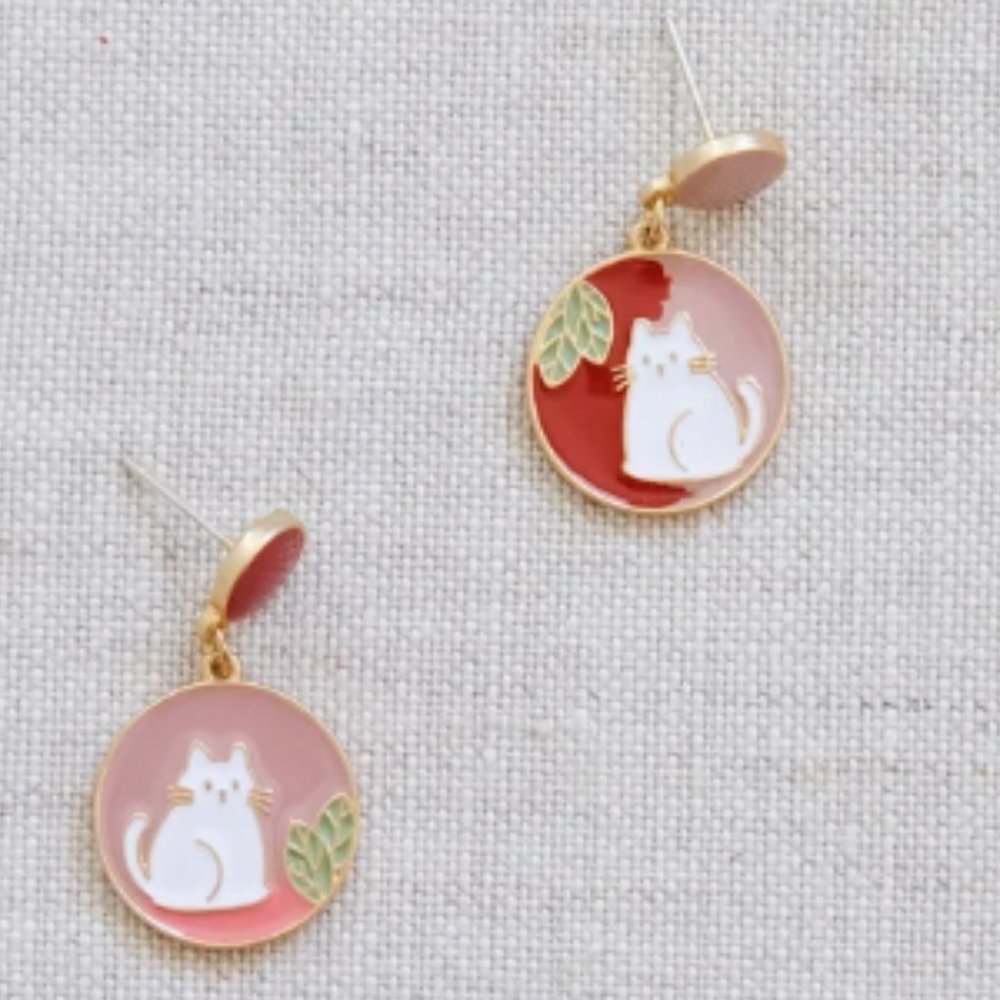 Pink and red cat earrings, asymmetric earrings, cute earrings, circle earrings